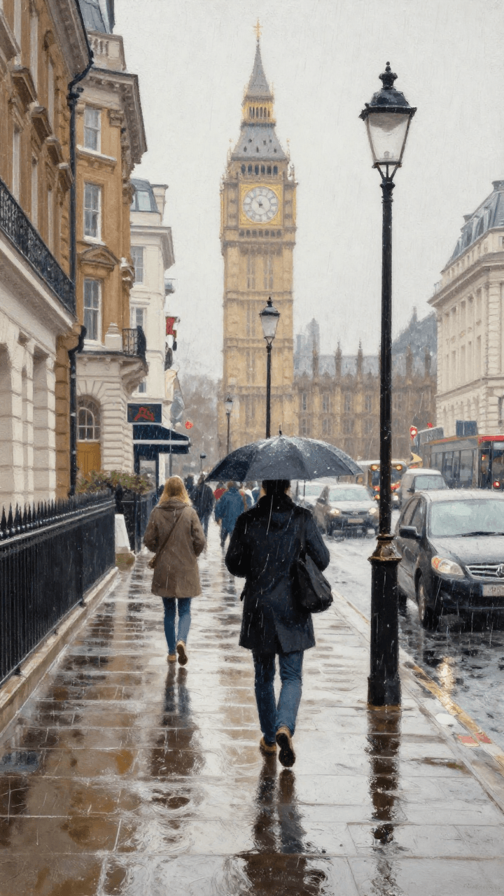 비 오는 런던 거리를 그린 수채화