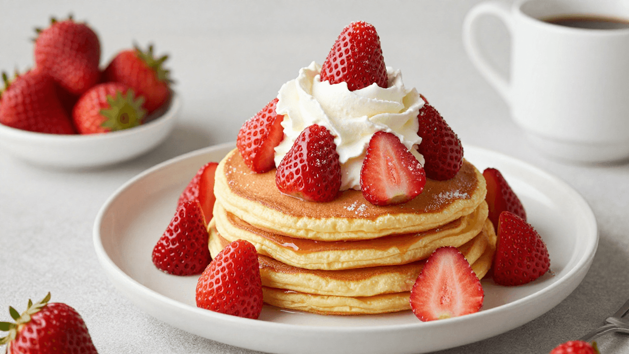 딸기와 생크림이 듬뿍 올라가 있는 팬케이크