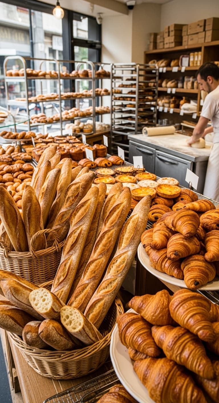 갓 구워낸 바게트와 크루아상이 진열된 빵집