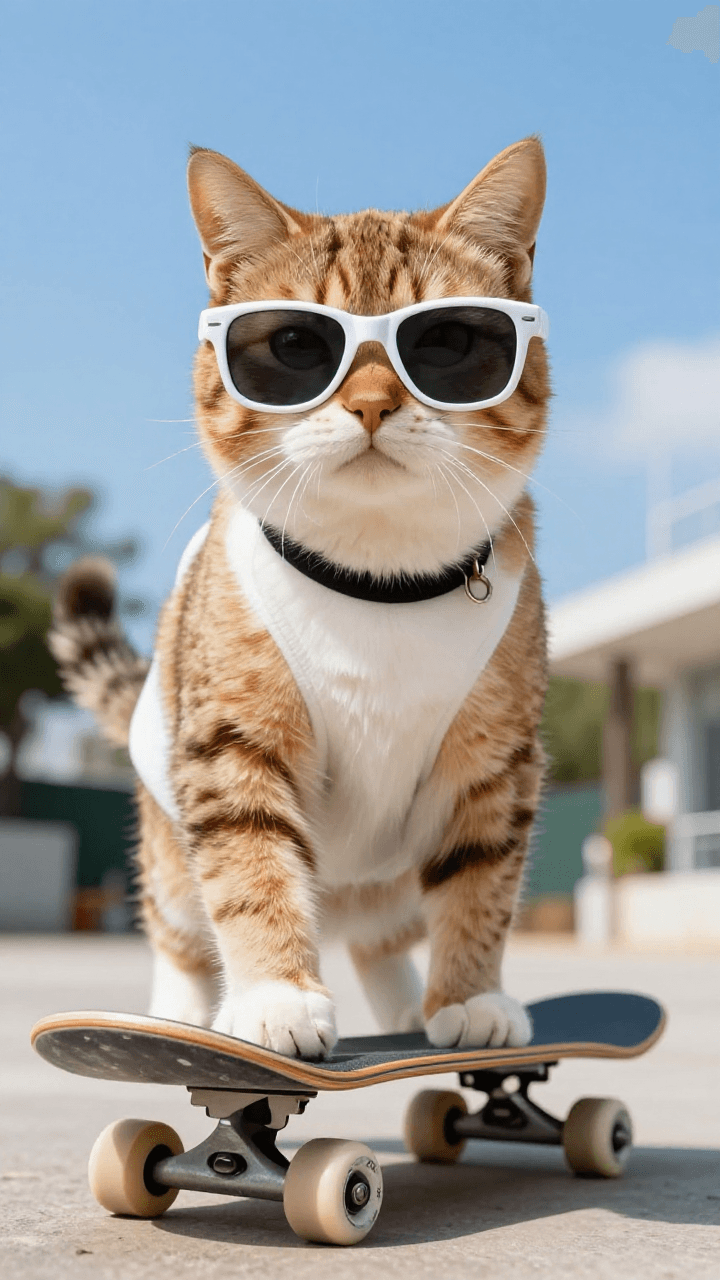 선글라스를 끼고 스케이트보드를 타는 힙합 스타일 고양이