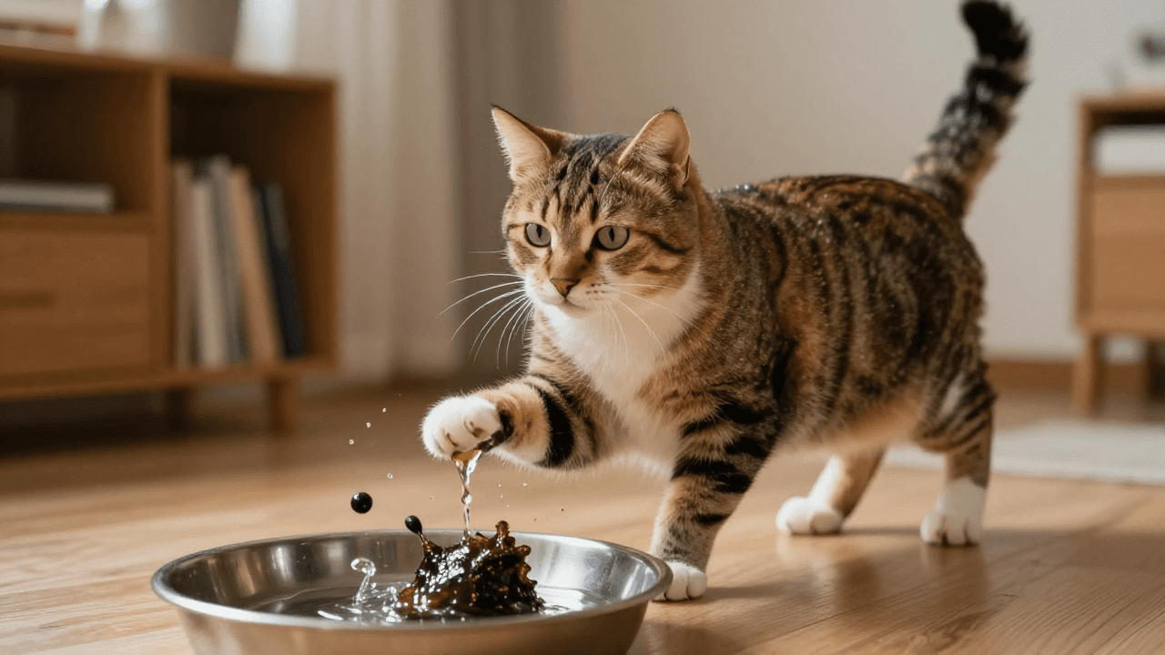 불타는 집에서 물을 붓는 고양이