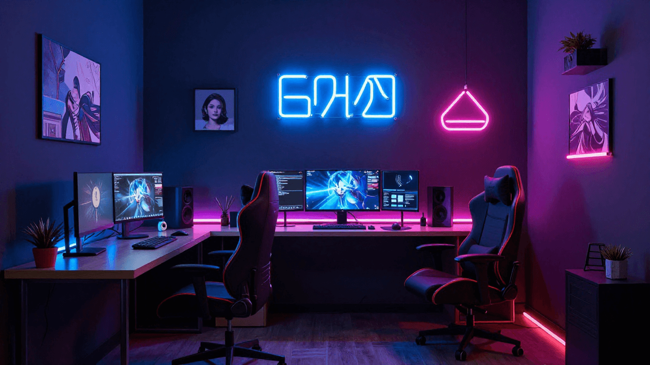 네온 조명이 켜진 아늑한 게이머의 방 (3D)