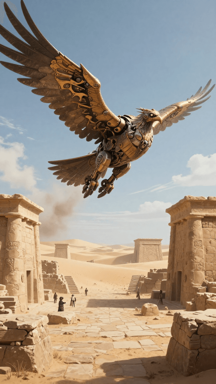 거대한 기계 새가 날아오르는 고대 사막 유적지, 에픽 판타지 SF