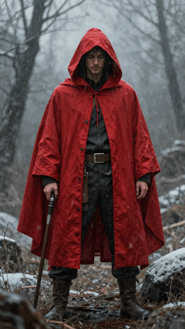 눈보라 속 붉은 망토를 두른 사냥꾼, 강렬한 판타지 캐릭터 아트