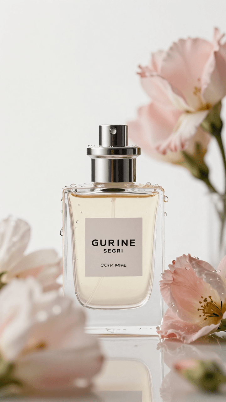 꽃과 물방울에 둘러싸인 향수병 광고 사진