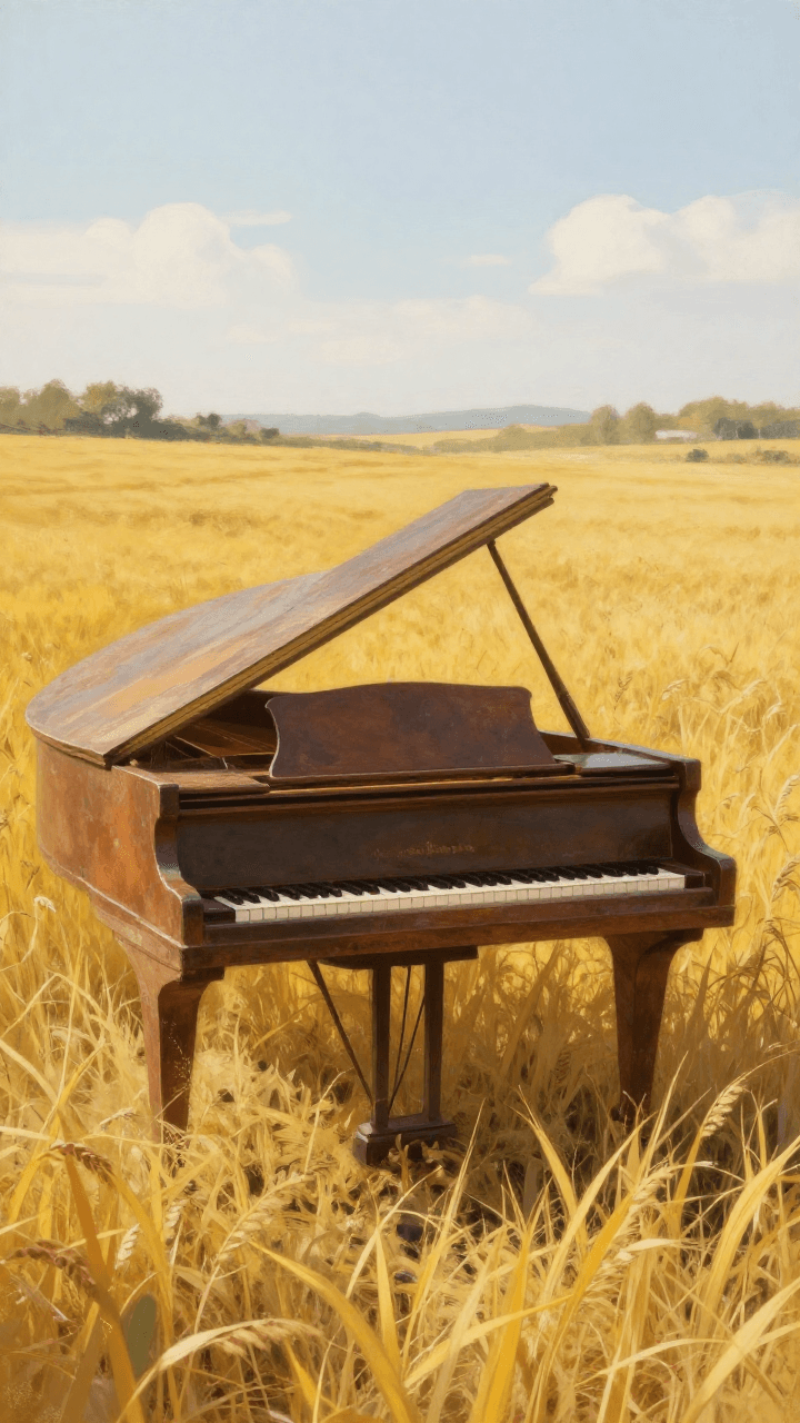 황금빛 밀밭 한가운데 놓인 오래된 피아노, 서정적인 초현실주의