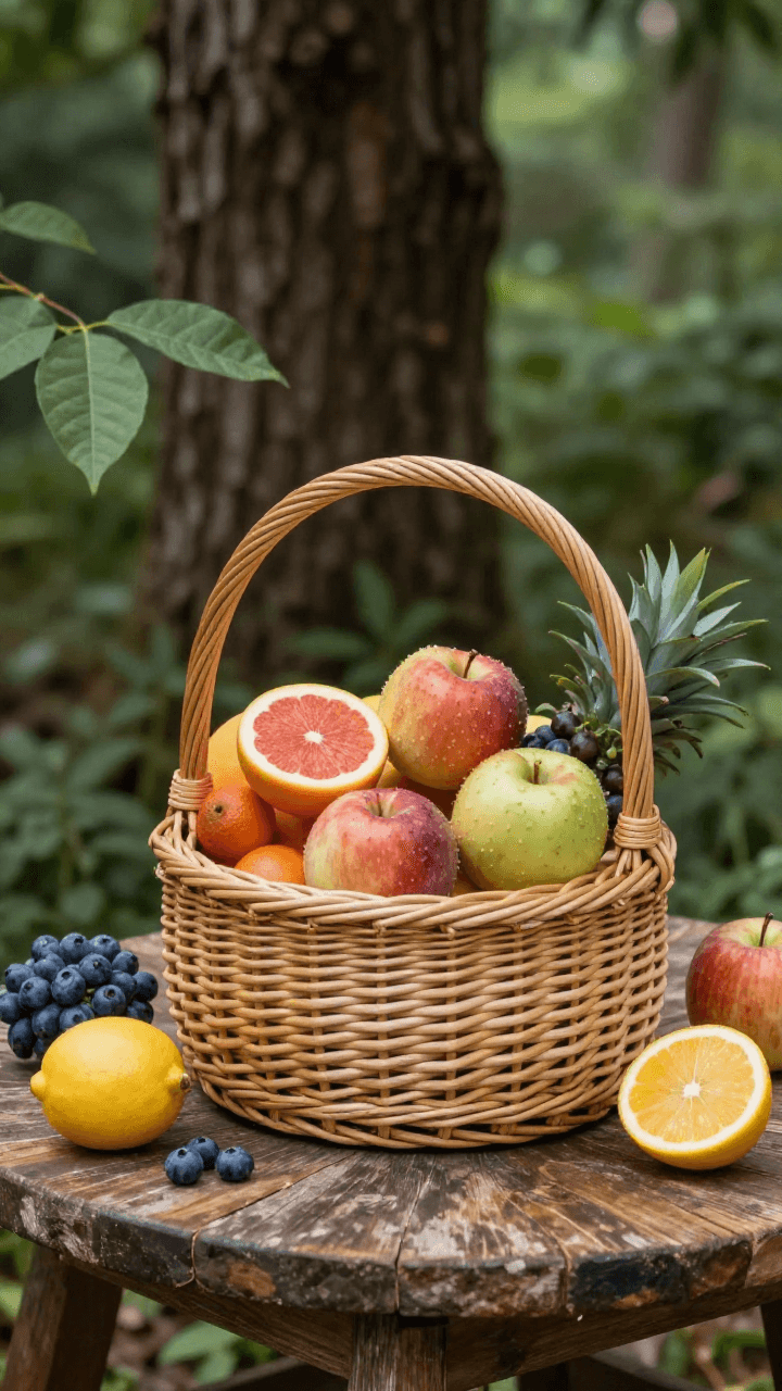 나무 탁자 위 신선한 과일 바구니 정물화