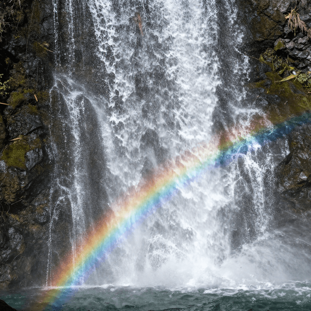 시원하게 쏟아지는 폭포수와 무지개