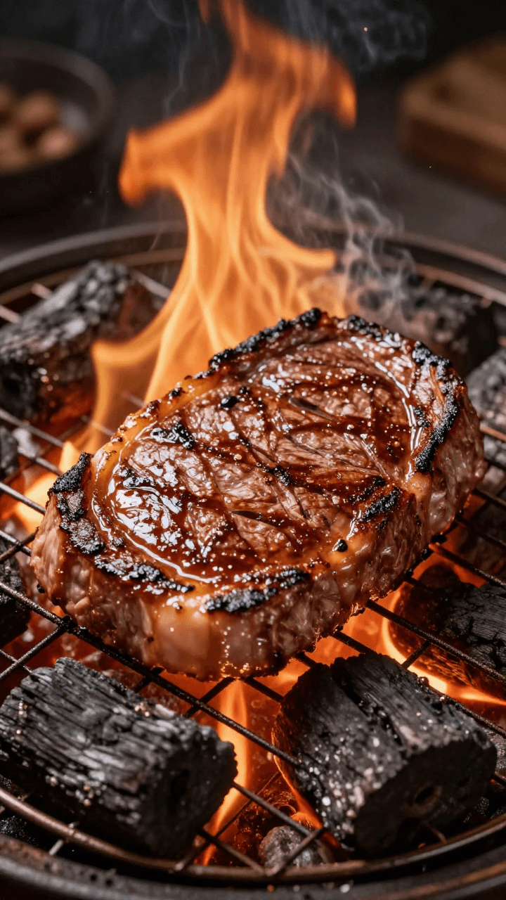 숯불 위에서 맛있게 익어가는 스테이크