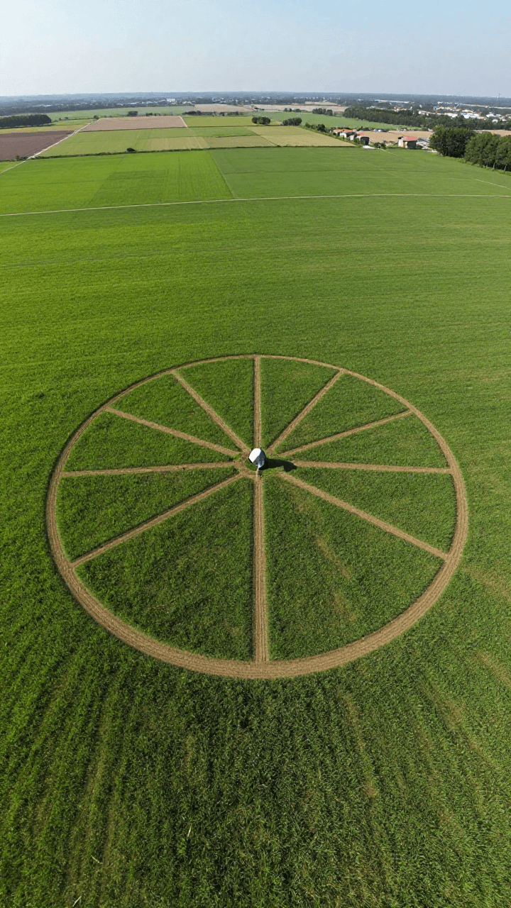미스터리한 문양이 그려진 밀밭 서클(크롭 서클) 드론 샷
