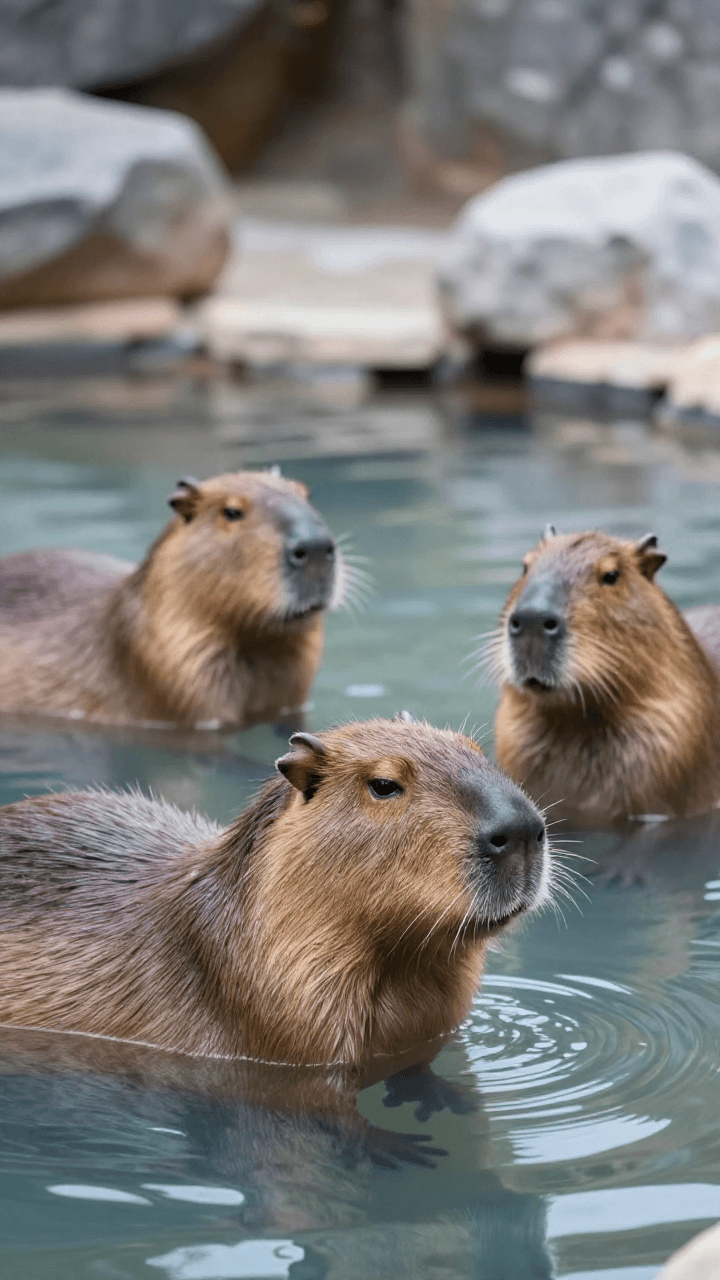 따뜻한 온천을 즐기고 있는 카피바라 가족