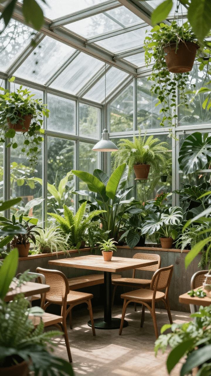 식물로 가득 찬 유리 온실 카페