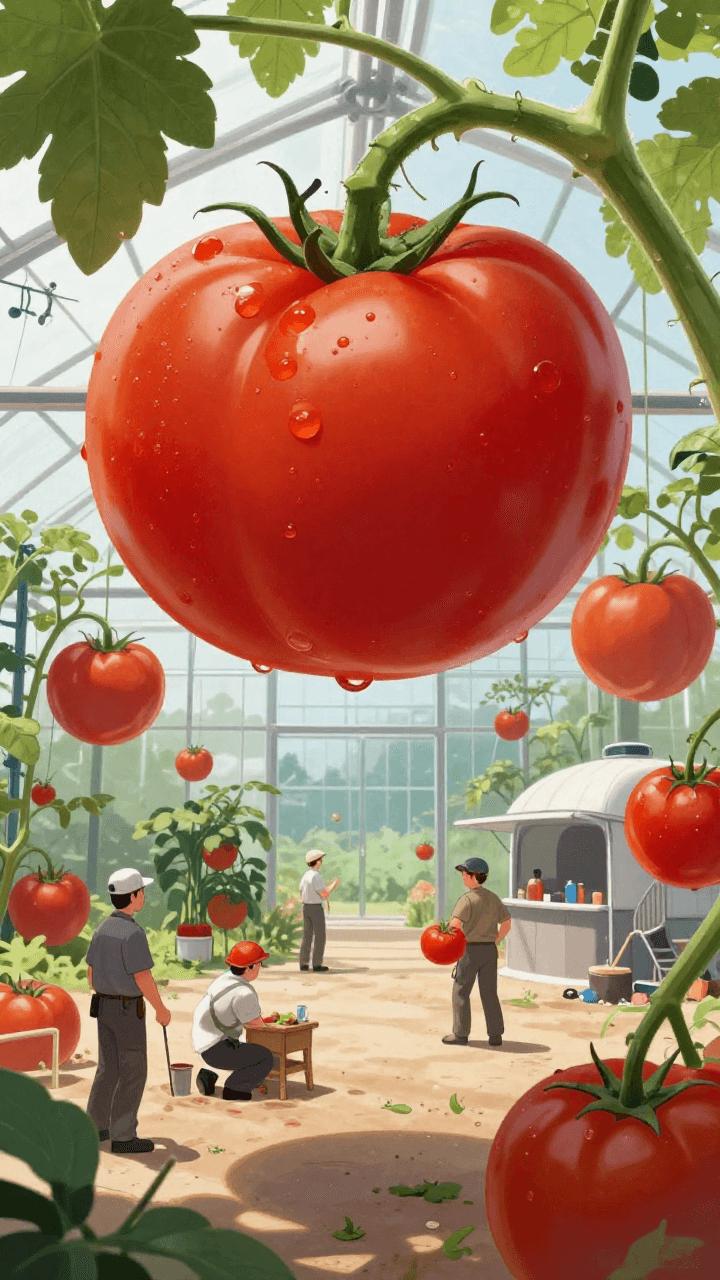 화성 식민지 온실에서 자라는 거대한 토마토와 우주 농부들, 미래 콘셉트 아트