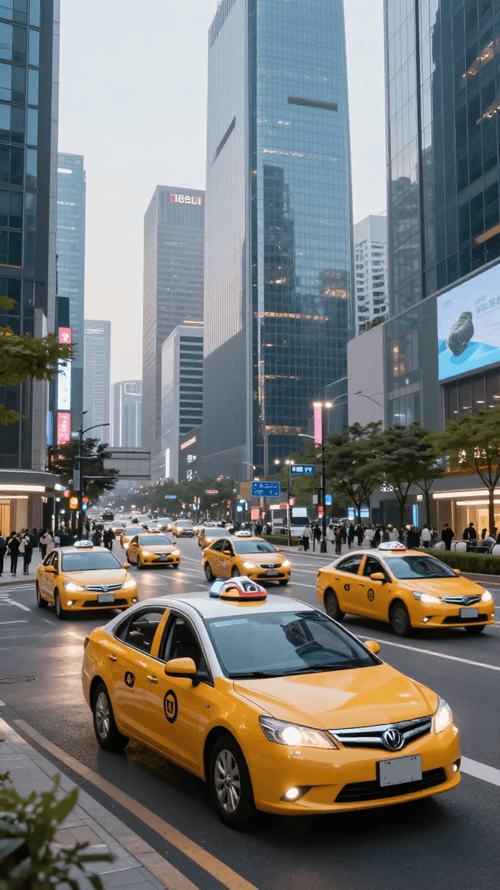 날아다니는 택시들이 가득한 2077년의 미래 도시