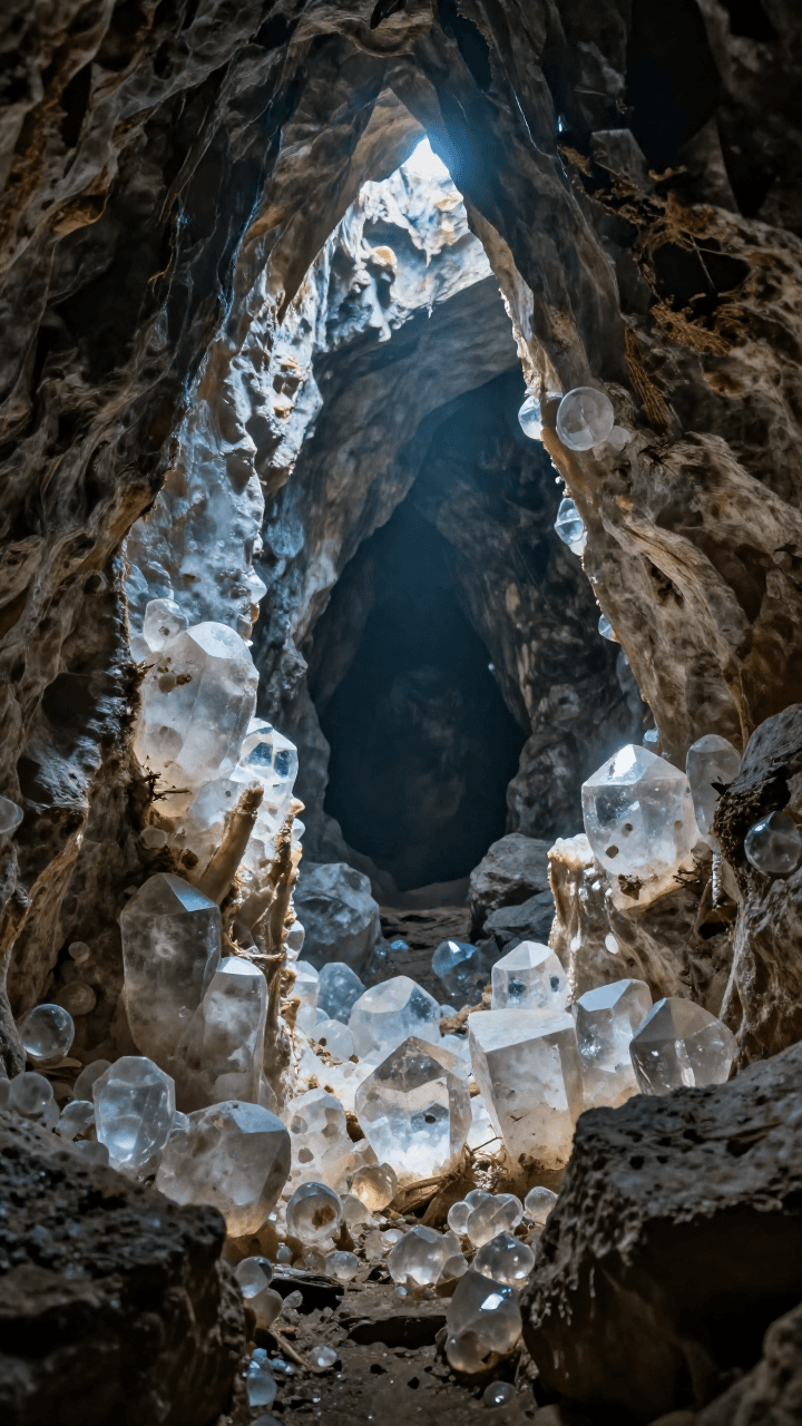 크리스털로 이루어진 신비로운 동굴 내부