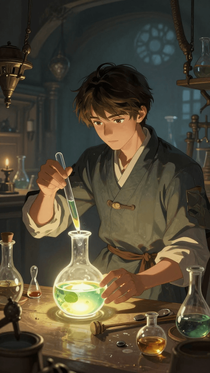 중세 마법 공방에서 빛나는 물약을 만드는 연금술사, 디테일한 판타지