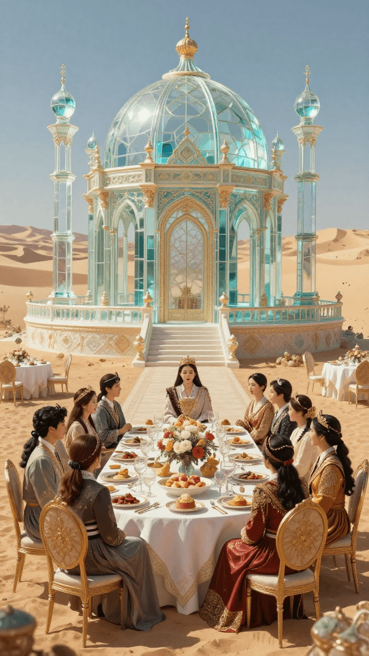 사막의 유리 궁전 안에서 열린 왕실 만찬, 웅장한 판타지 콘셉트 아트