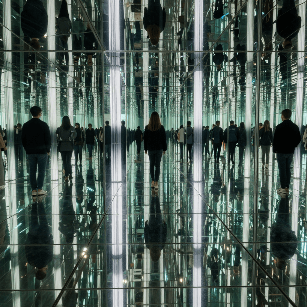 거울 미로 속에 갇힌 듯한 무한 반사 이미지